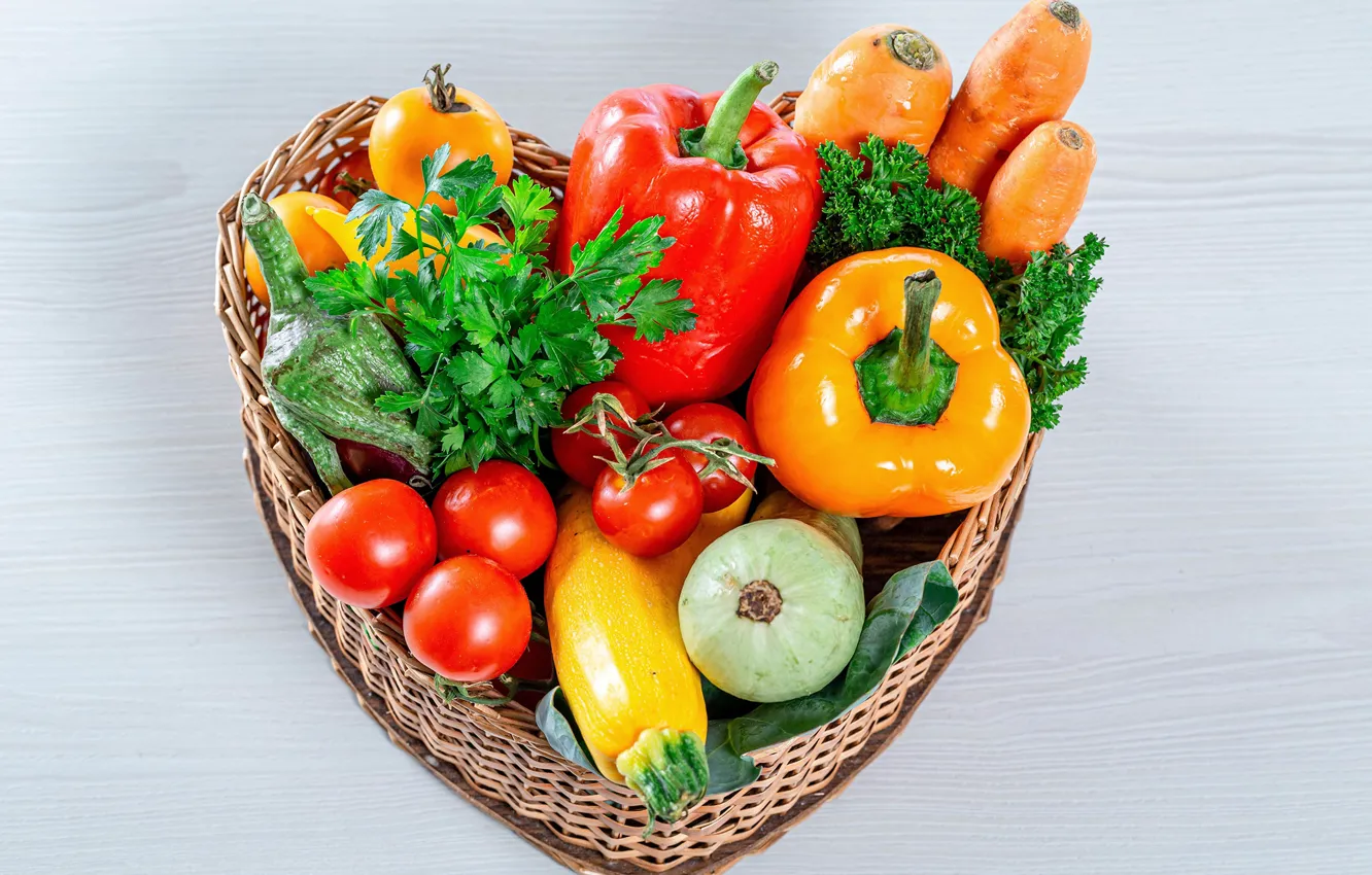 Фото обои корзина, перец, овощи, помидоры