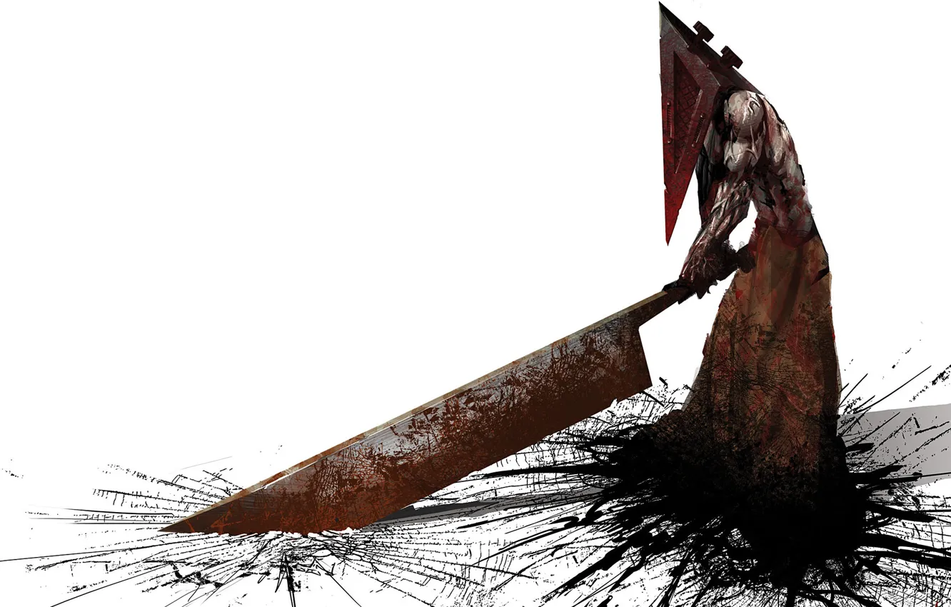 Фото обои трещины, меч, арт, удар, белый фон, тесак, Silent Hill, Pyramid Head