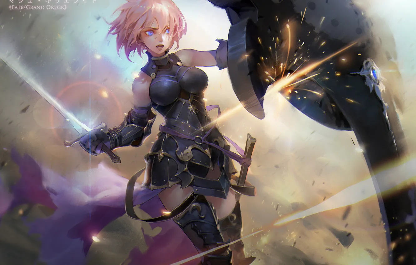 Фото обои девушка, оружие, меч, щит, anime, art, fate grand order