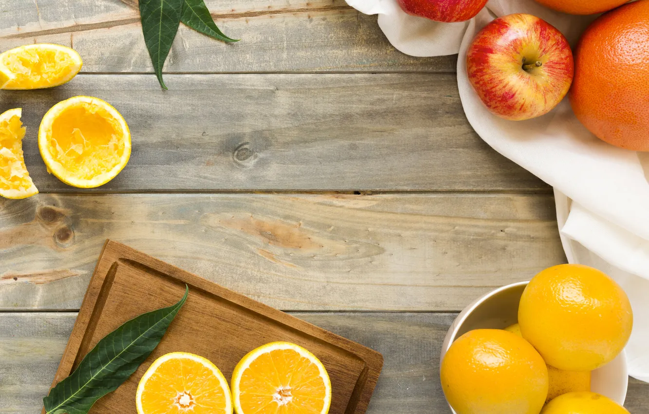 Фото обои яблоки, доски, апельсин