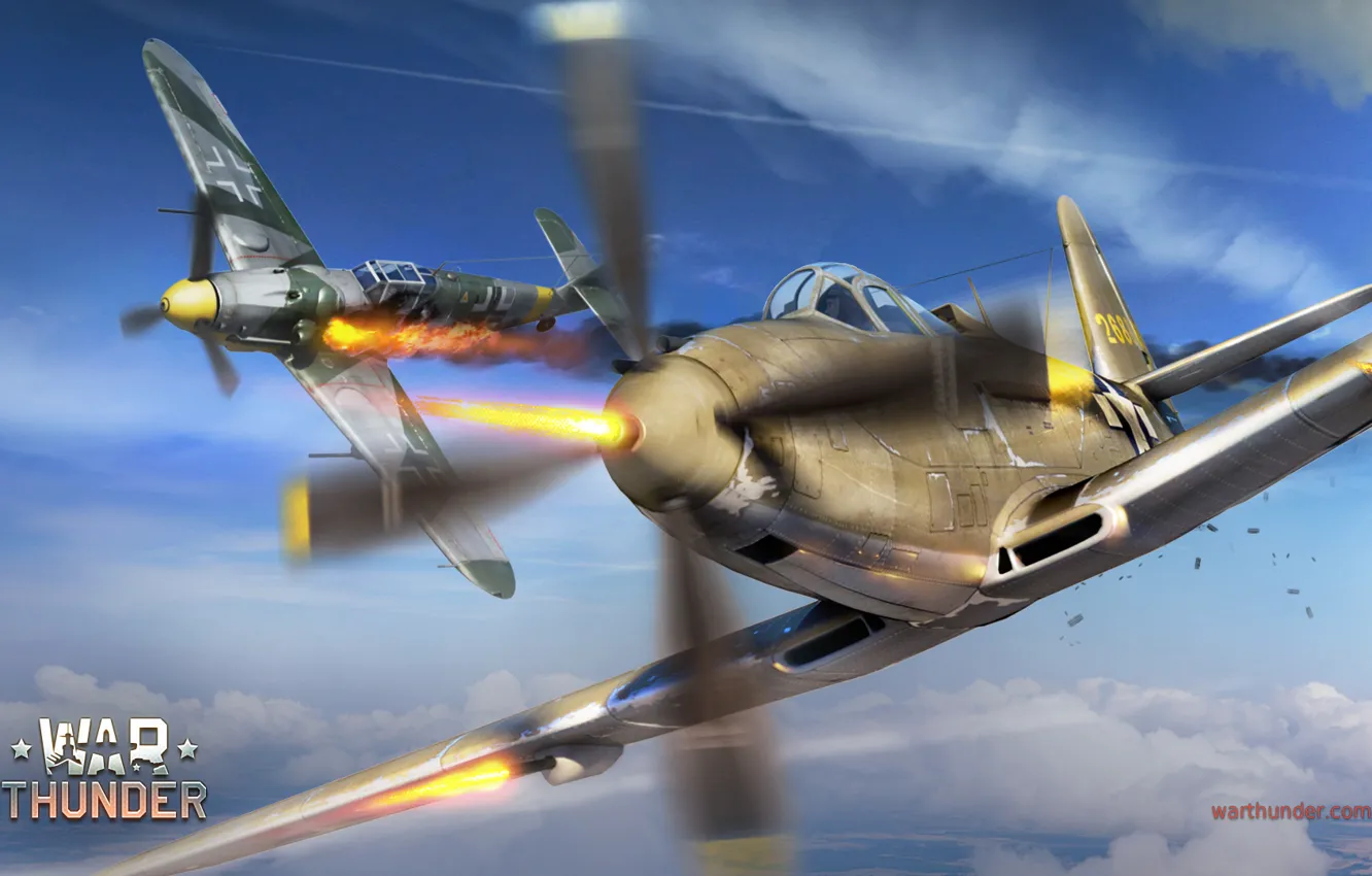 Фото обои небо, облака, огонь, война, истребитель, Арт, Messerschmitt, американский