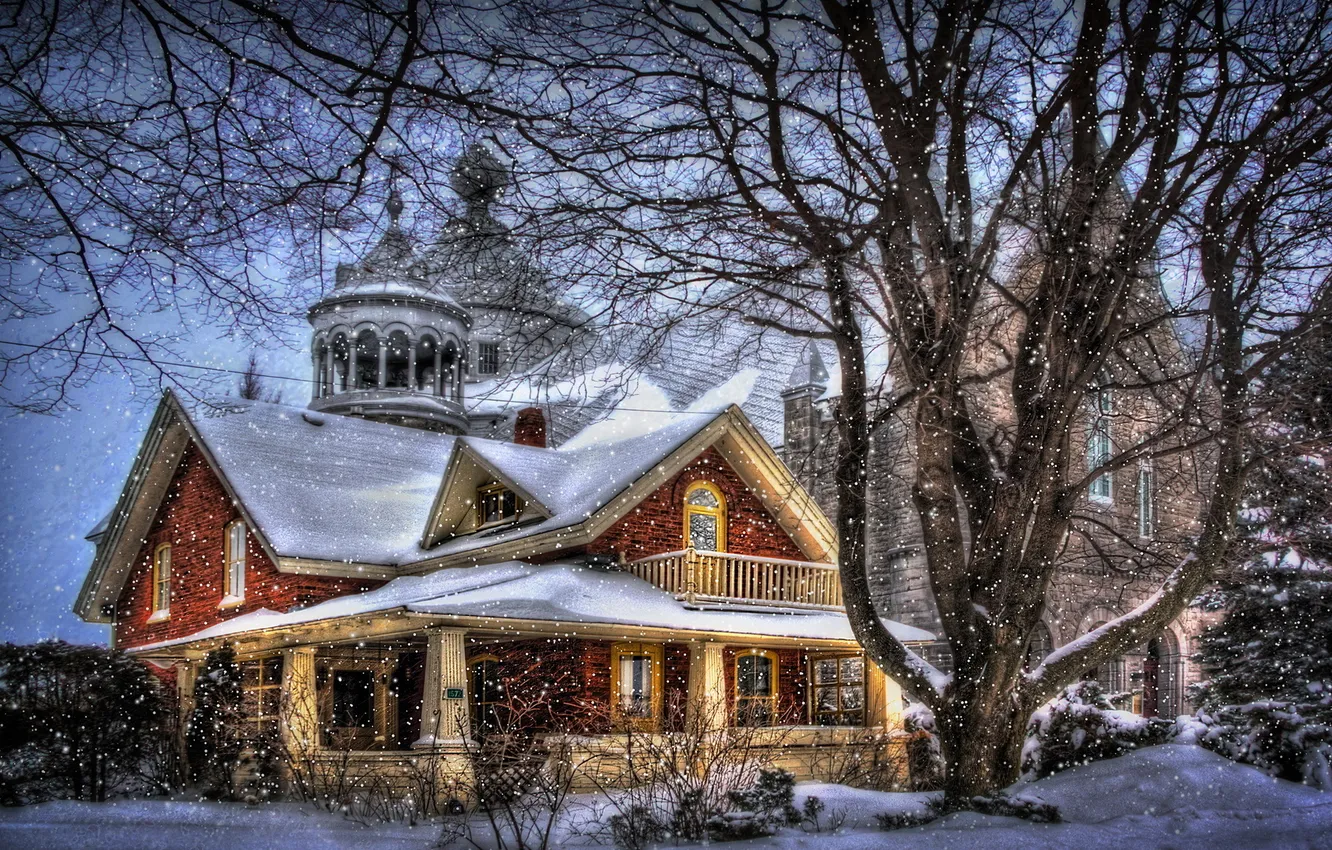Фото обои снег, деревья, стиль, фантазия, дома