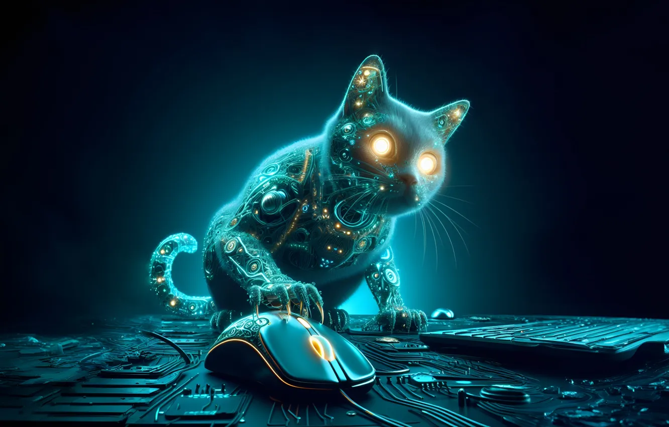 Фото обои wallpaper, Fantasy, Cat, picture, Computer Mouse