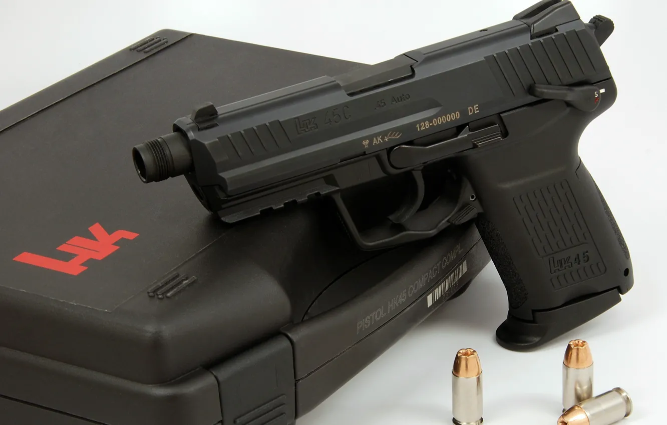 Фото обои gun, pistol, weapon, ammunition, heckler &ampamp; koch inc, threaded silencer, hk45c, briefcase for pistol