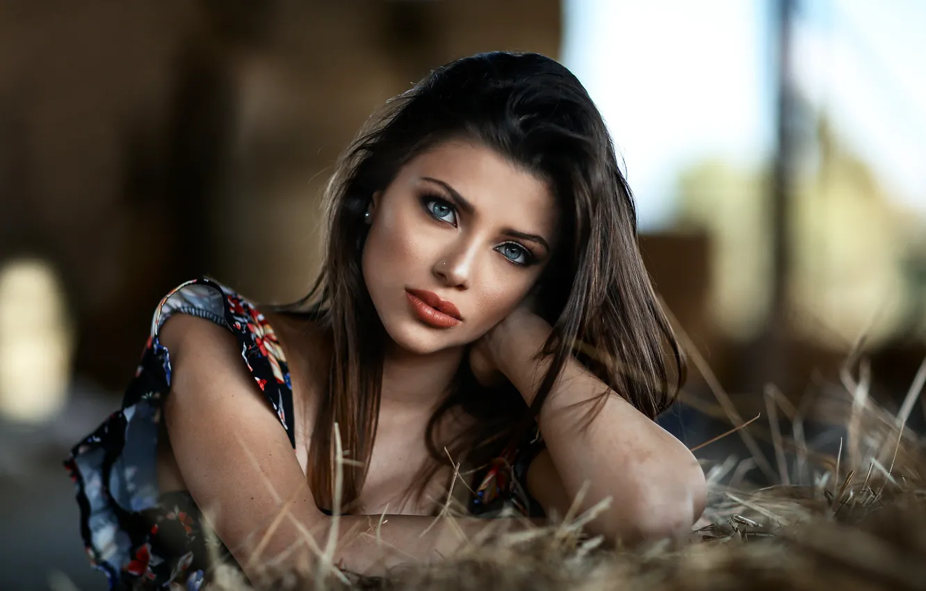 Фото обои взгляд, девушка, макияж, брюнетка, сено, jessica napolitano