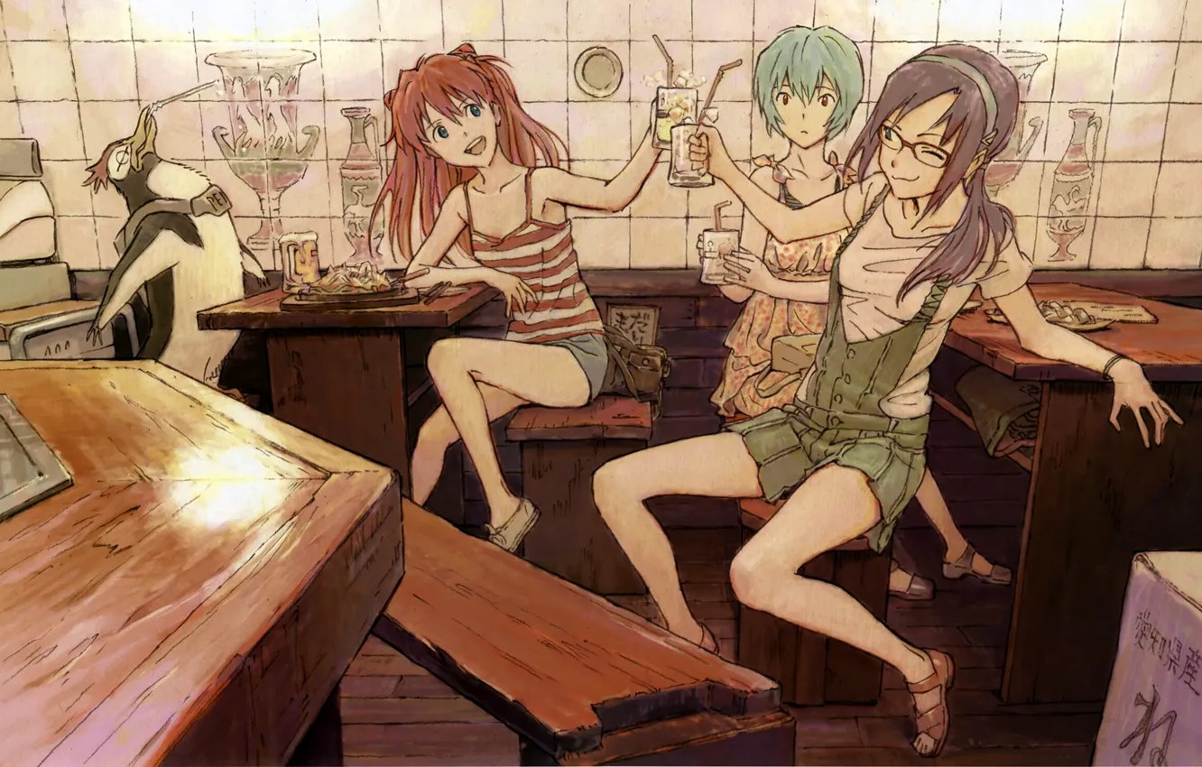 Фото обои девушки, кафе, пингвин, выпивка