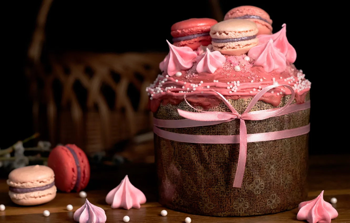 Фото обои темный фон, розовый, праздник, весна, печенье, Пасха, корзинка, бантик