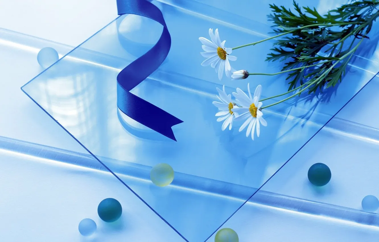 Фото обои стекло, цветы, синий, ленты, голубой, простой, шары, круглый