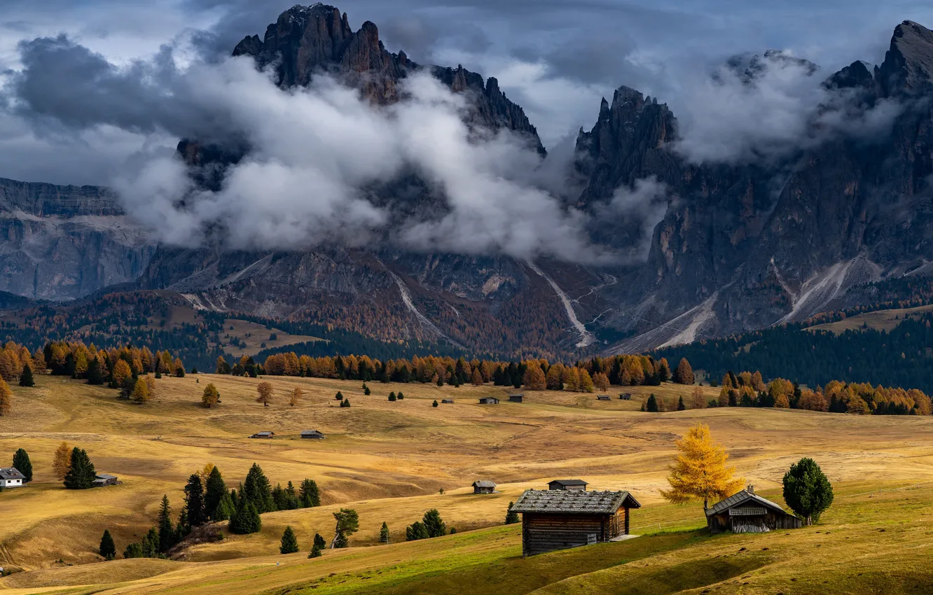 Фото обои осень, облака, горы, туман, скалы, Альпы, пар, домики