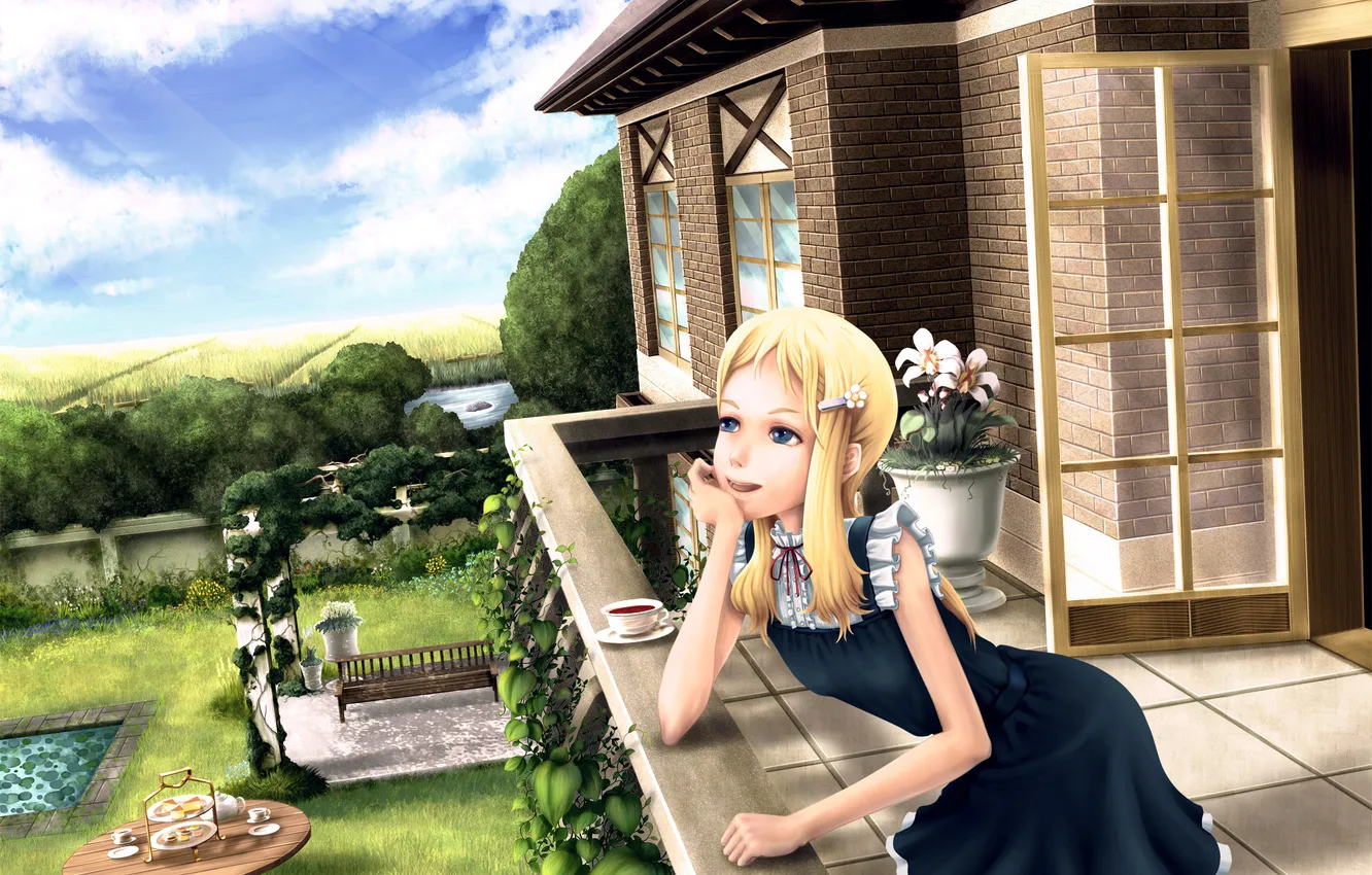 Фото обои лето, цветы, настроение, аниме, сад, девочка, балкон, картинка