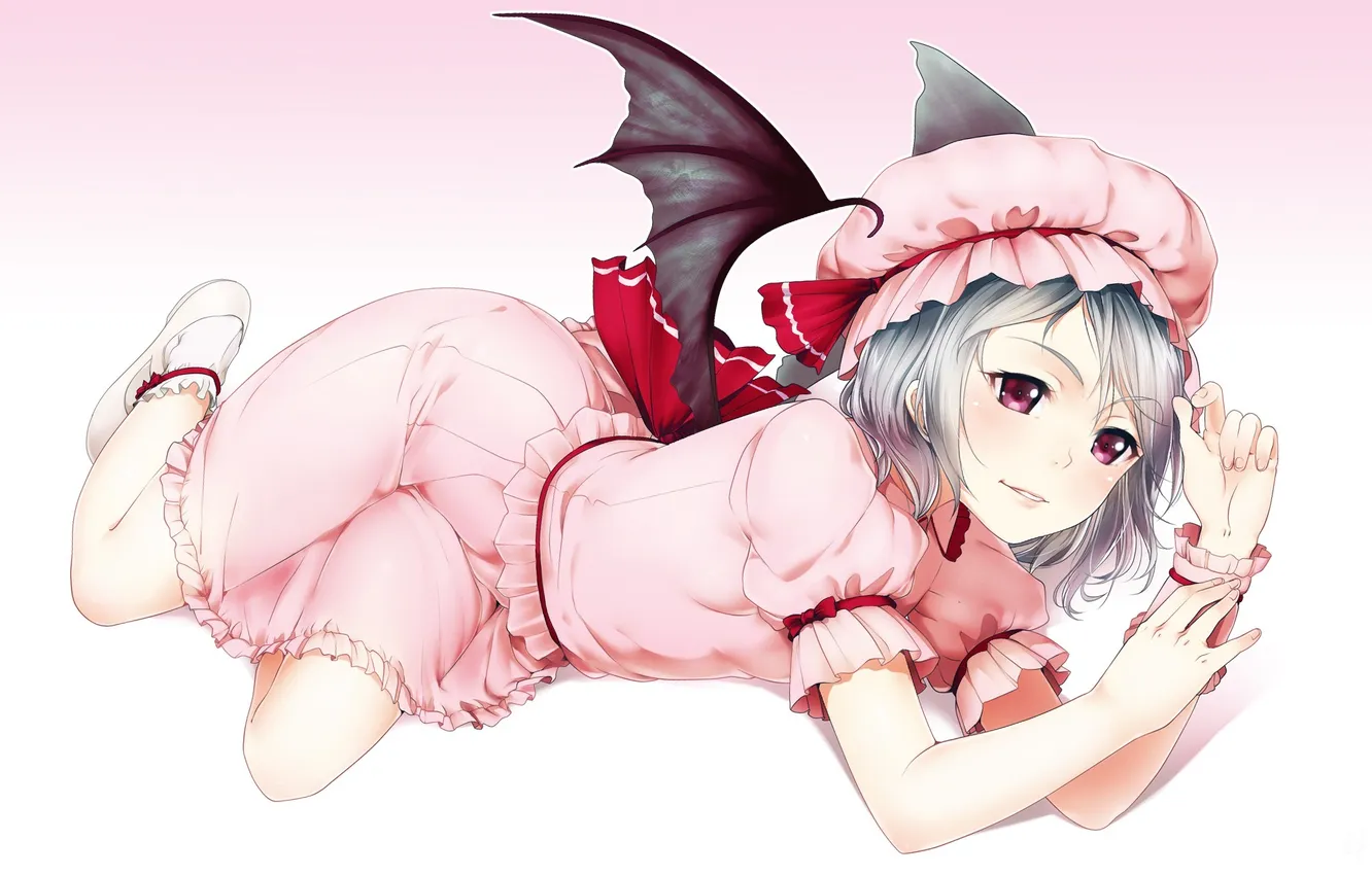 Фото обои девушка, поза, улыбка, крылья, демон, touhou, remilia scarlet, art