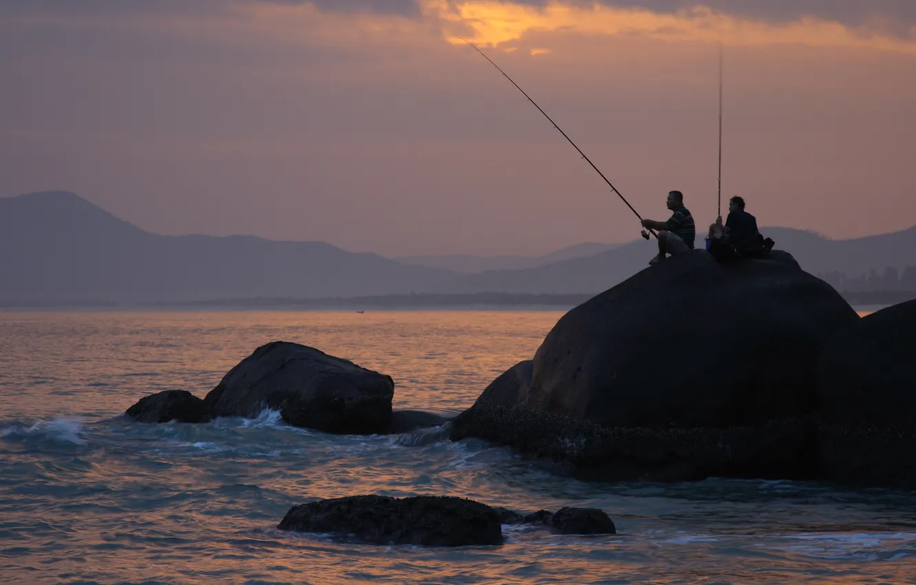 Фото обои море, пейзаж, закат, настроение, отдых, Китай, рыбаки, путешествие