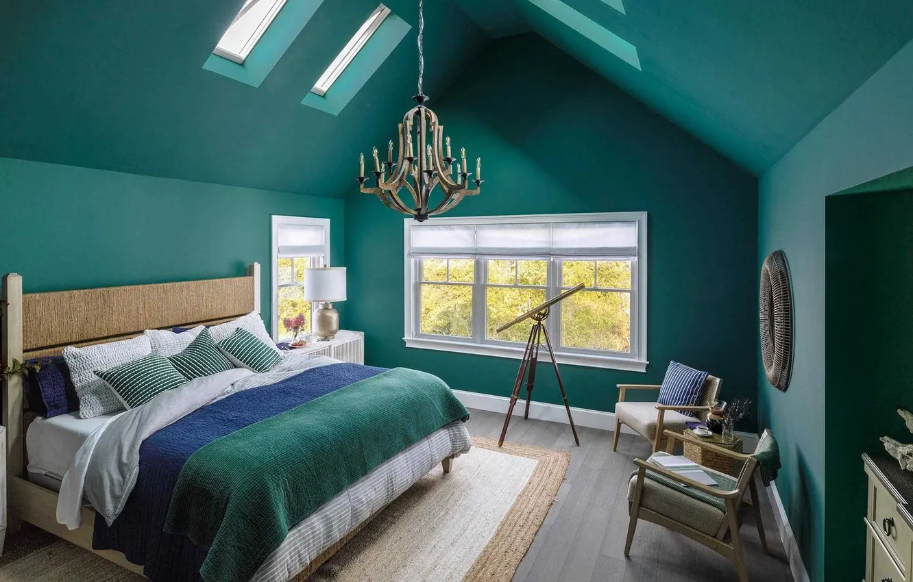 Фото обои дизайн, стиль, комната, интерьер, спальня, bedroom, green walls, открытые мансардные окна