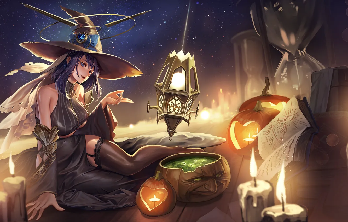 Фото обои Halloween, ведьма, witch, зелье, тыквы зла, черная магия, черная одежда, гримуар