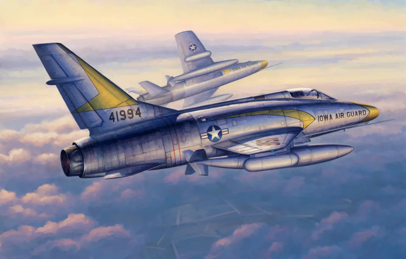 Фото обои war, art, painting, aviation, jet, North American F-100 Super Sabre
