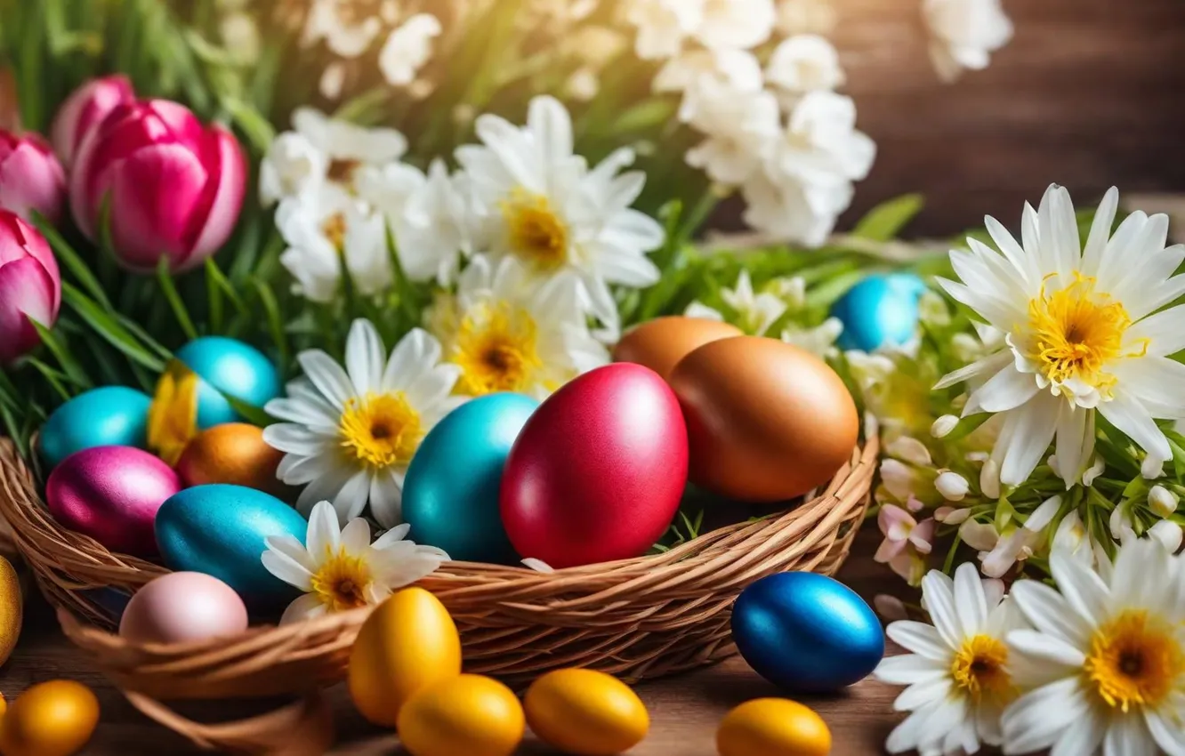 Фото обои цветы, яйца, весна, colorful, Пасха, flowers, spring, Easter