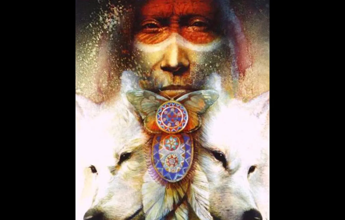 Фото обои art, wolf, native american, first people
