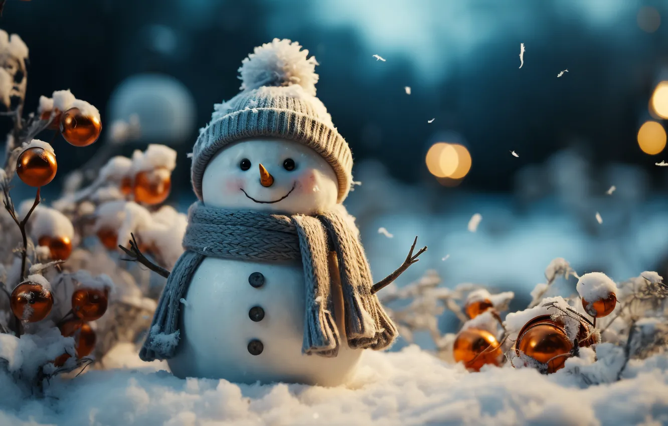 Фото обои зима, снег, Новый Год, Рождество, снеговик, happy, Christmas, night