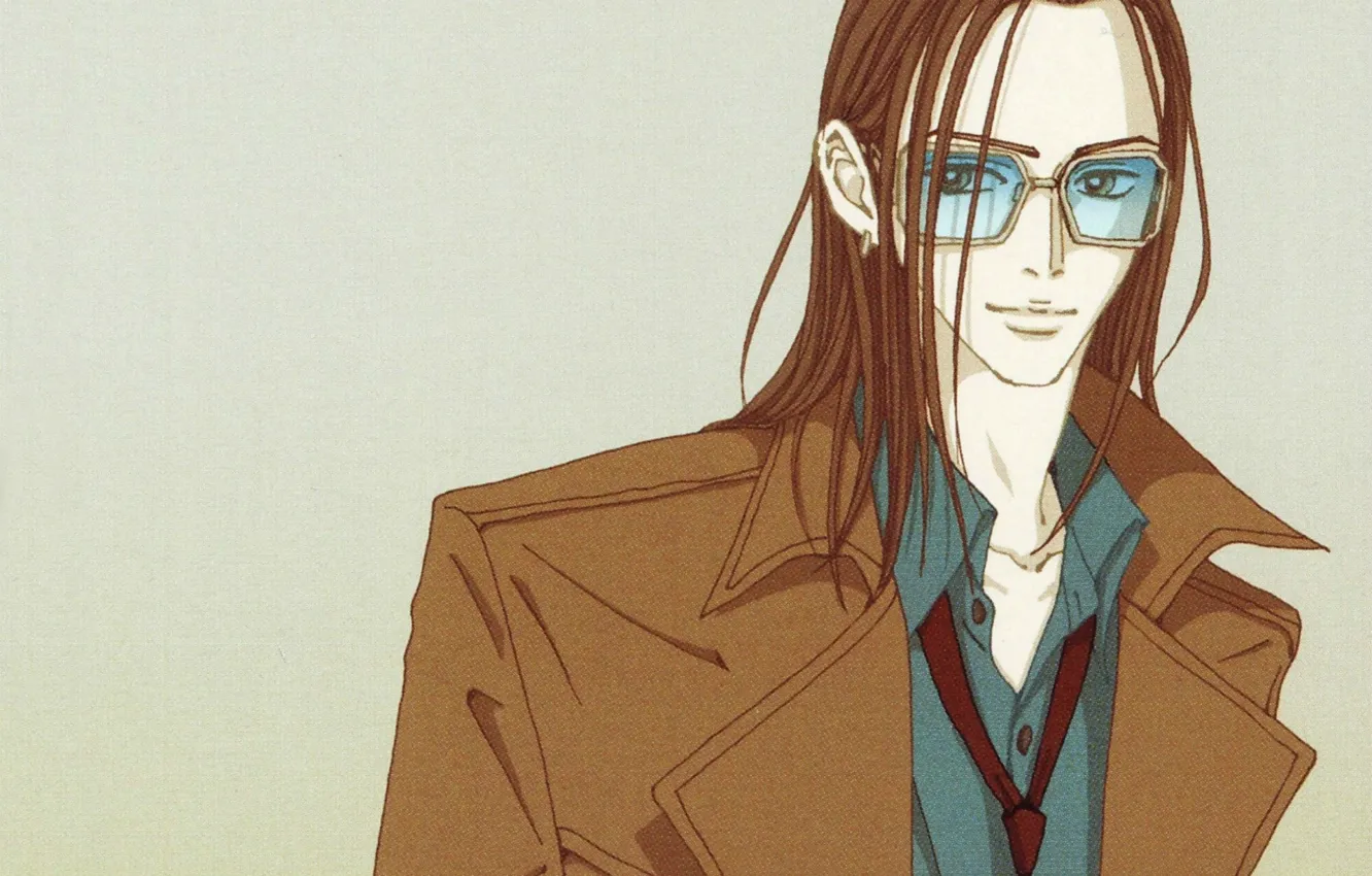 Фото обои очки, галстук, плащ, серый фон, длинные волосы, нана, nana, takumi ichinose