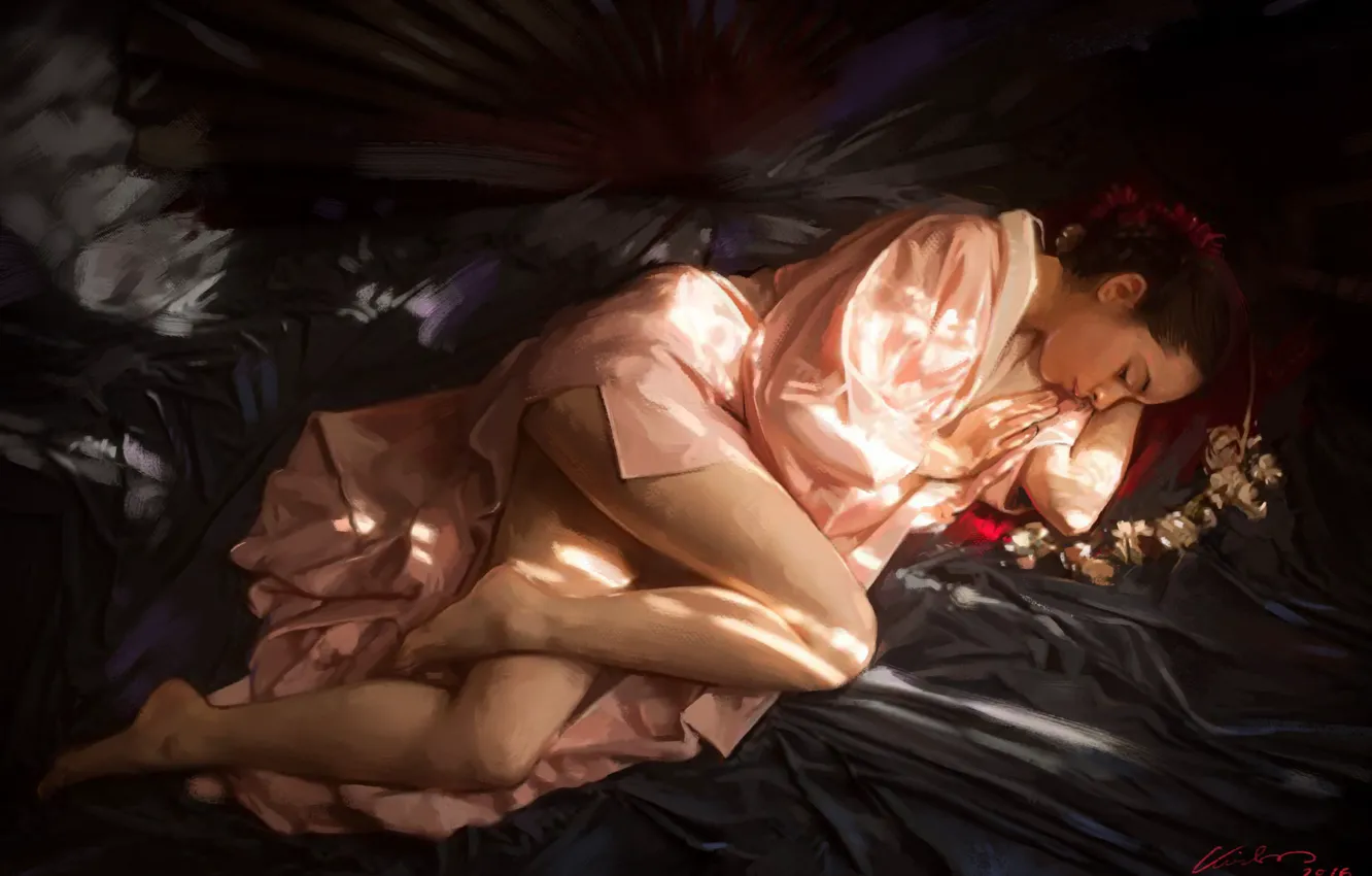 Фото обои девушка, розовый, ноги, сон, покрывало, постель, халат, art