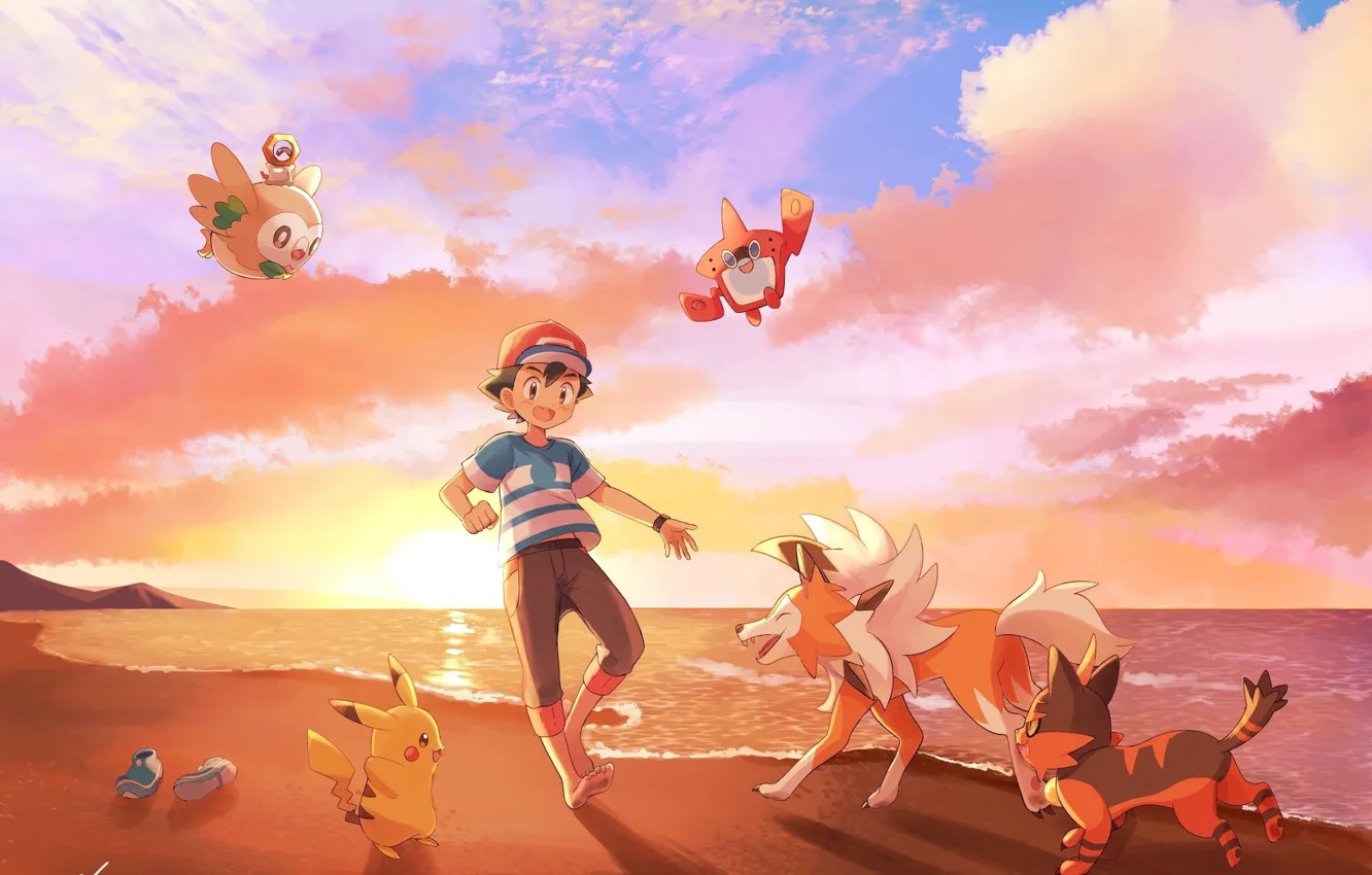 Фото обои Закат, Небо, Пляж, мальчик, Покемон, Boy, Pokemon, Pikachu