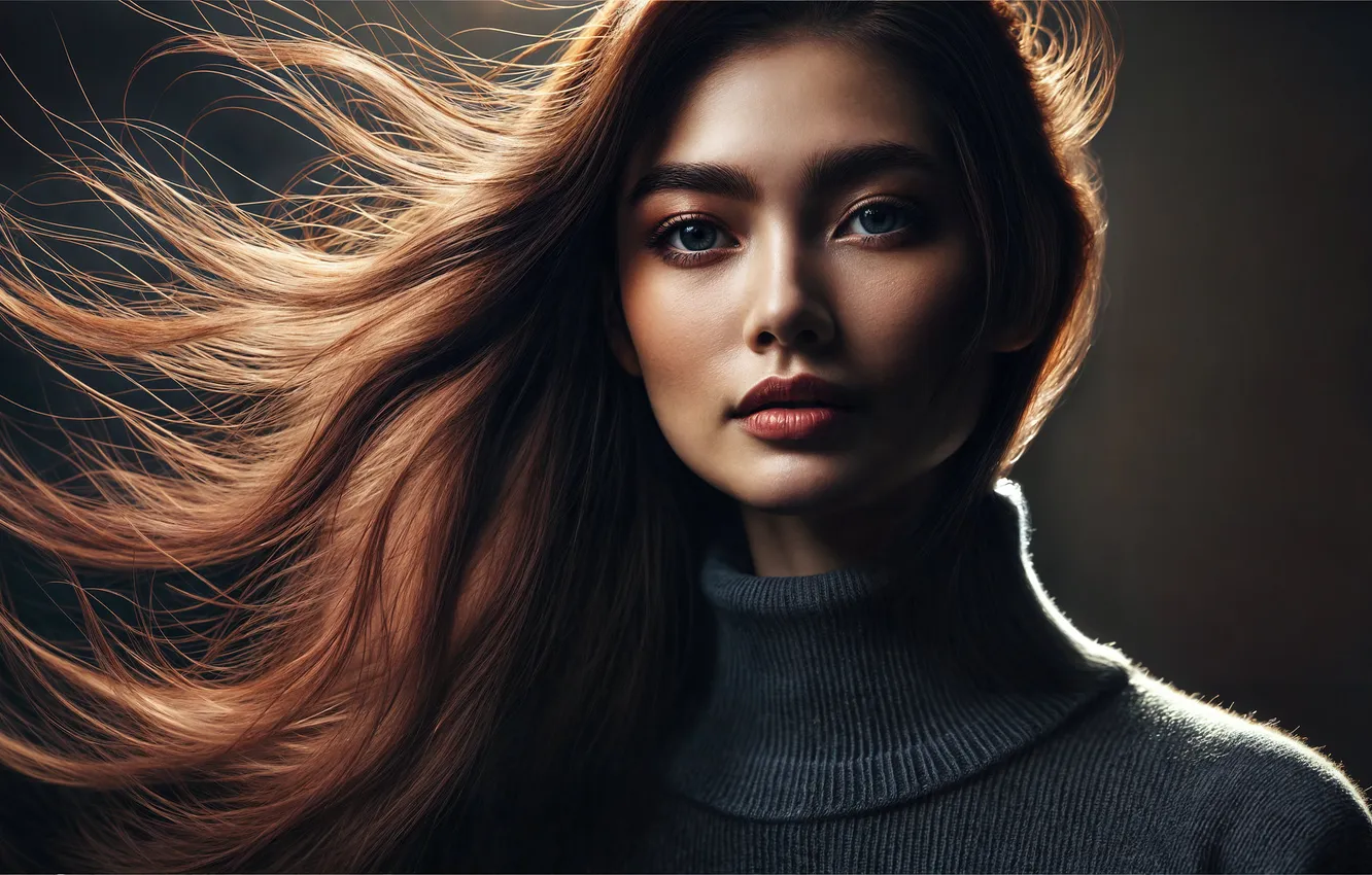 Фото обои взгляд, девушка, свет, темный фон, серый, портрет, макияж, шатенка