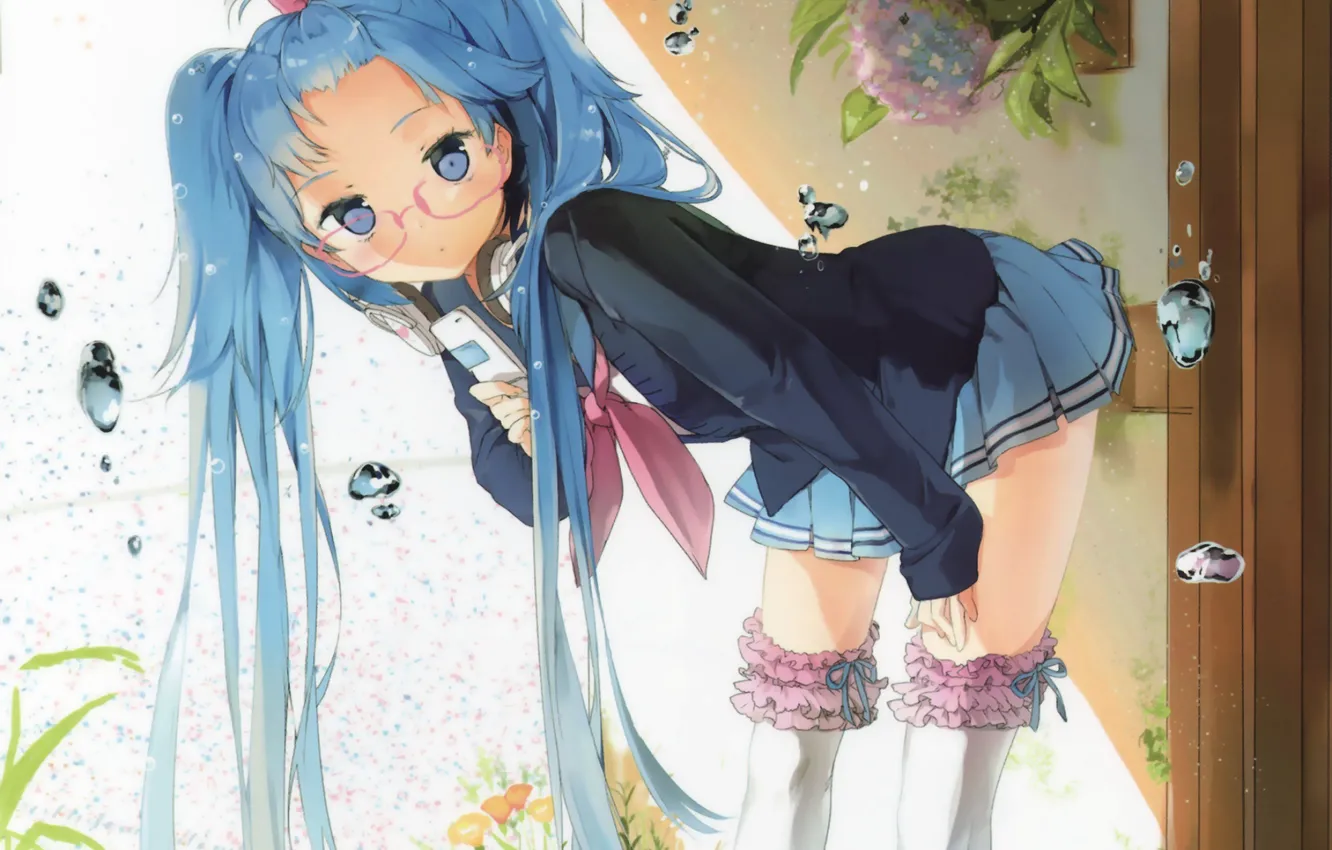 Фото обои капли, наушники, телефон, vocaloid, вокалоид, headphones, phone, miku hatsune