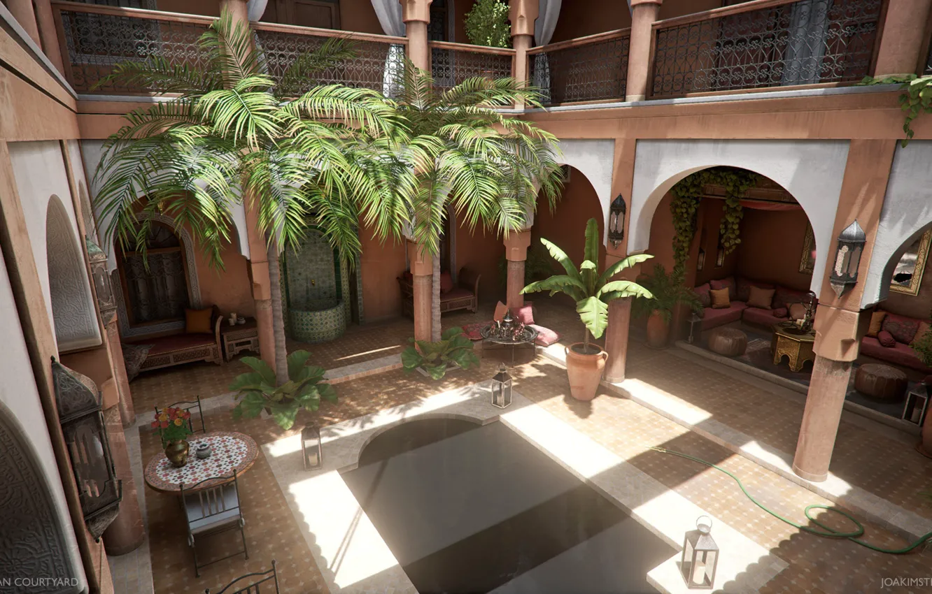 Фото обои уют, пальмы, двор, убранство, Moroccan Courtyard