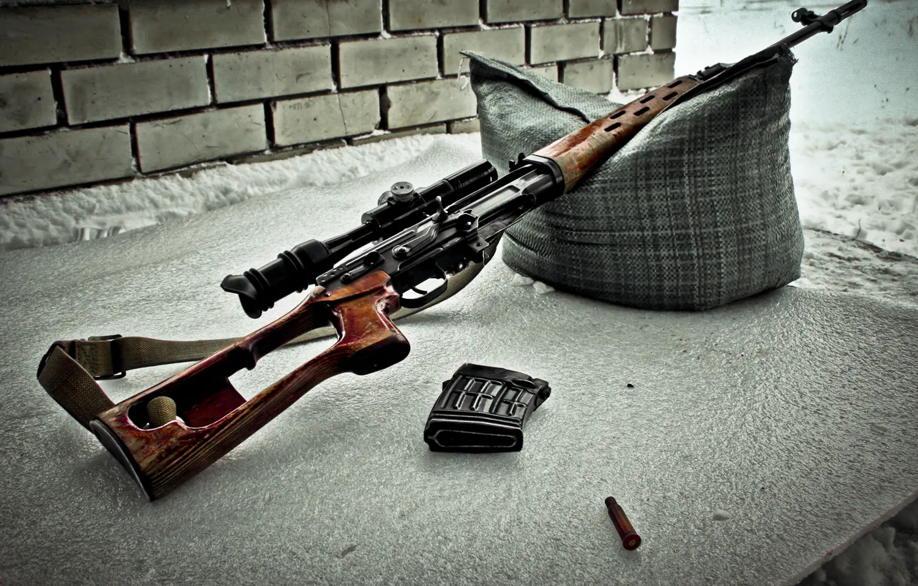 Фото обои оружие, оптика, подушка, ремень, свд, винтовка, гильза, снайперская