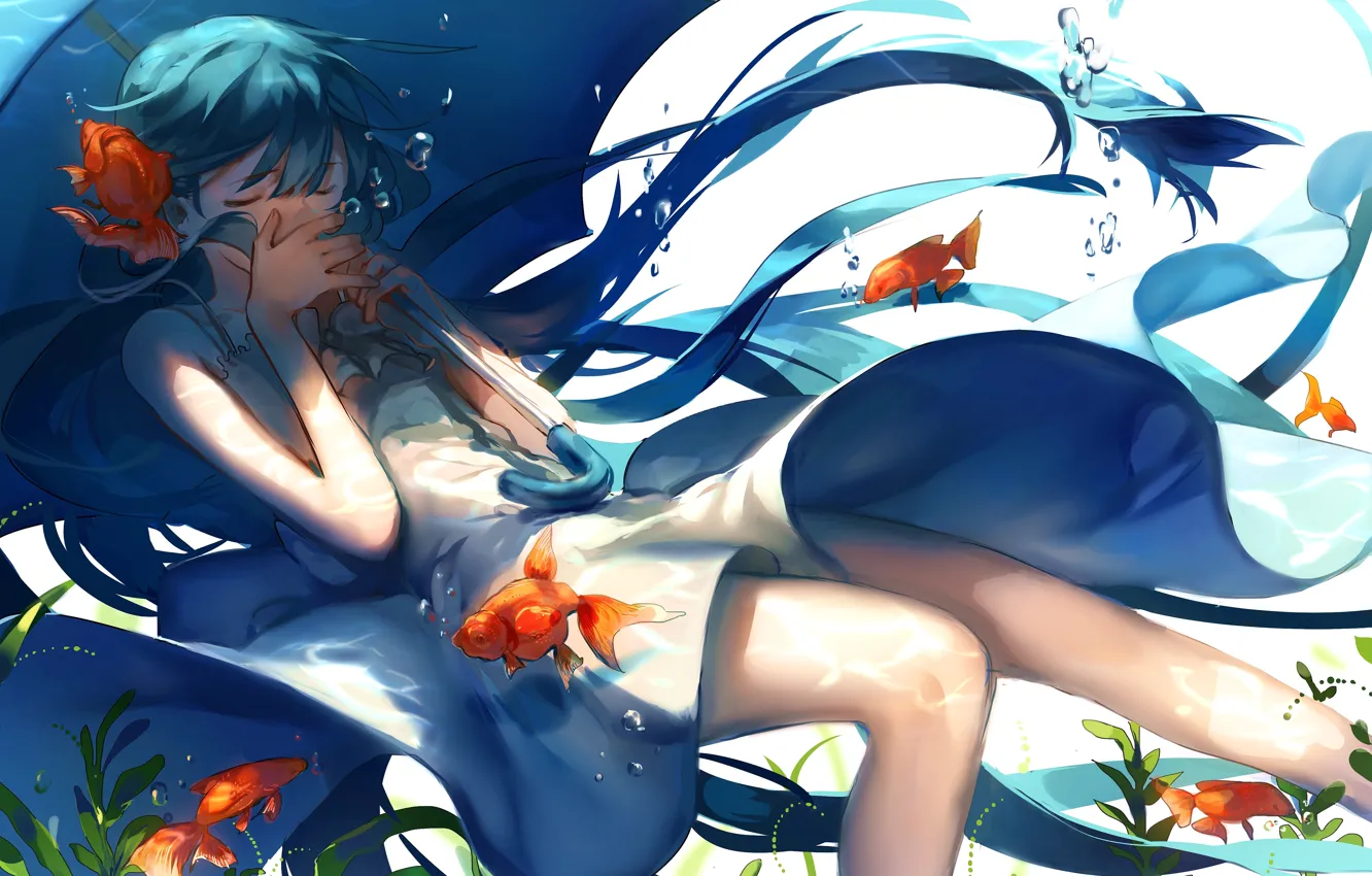Фото обои вода, рыбки, водоросли, пузырьки, зонт, Hatsune Miku, Vocaloid, длинные волосы