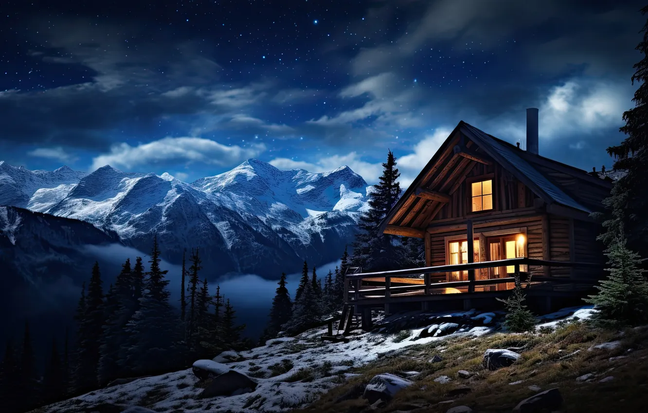 Фото обои зима, лес, снег, горы, ночь, природа, домик, house