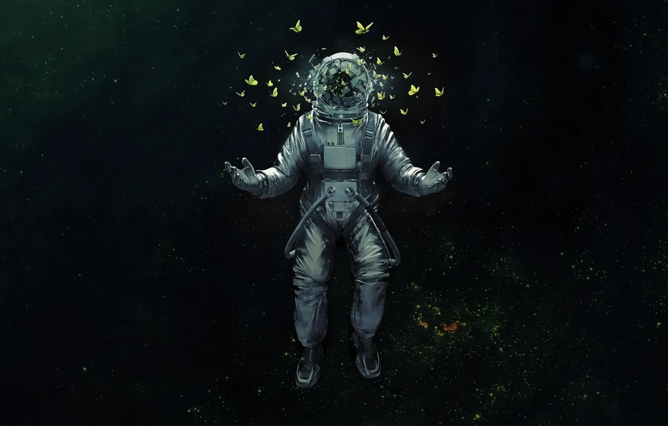 Фото обои космос, бабочки, скафандр, арт, space, astronaut