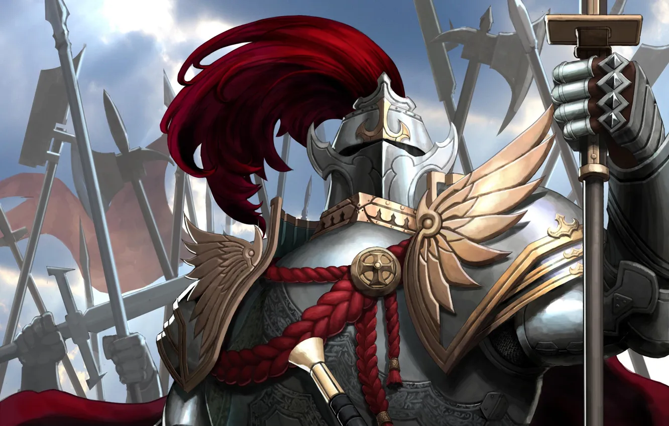 Фото обои красный, оружие, армия, перья, воин, арт, рыцарь, шнур