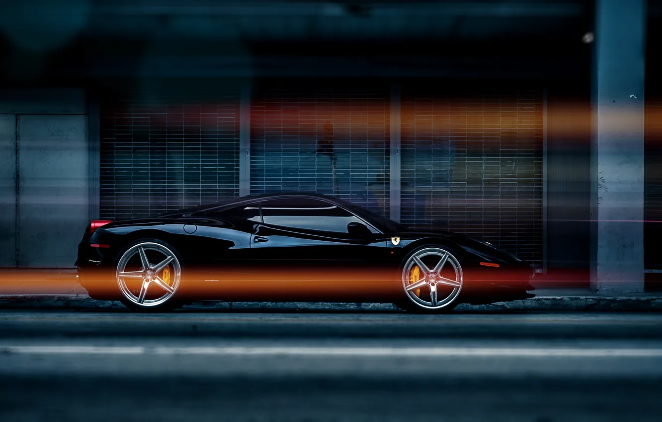 Фото обои чёрная, Ferrari, феррари, black, 458, италия, Italia, profile