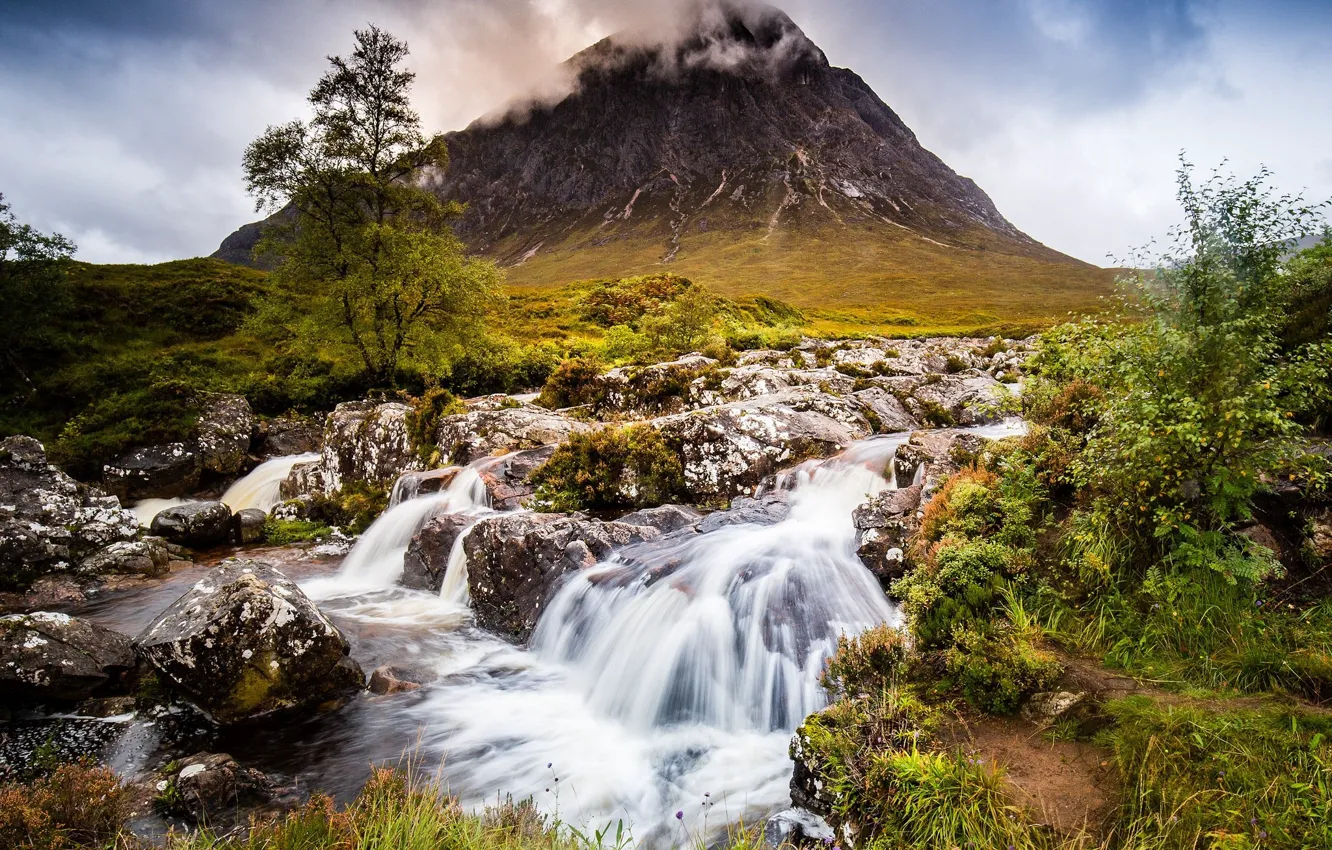 Фото обои деревья, горы, водопад