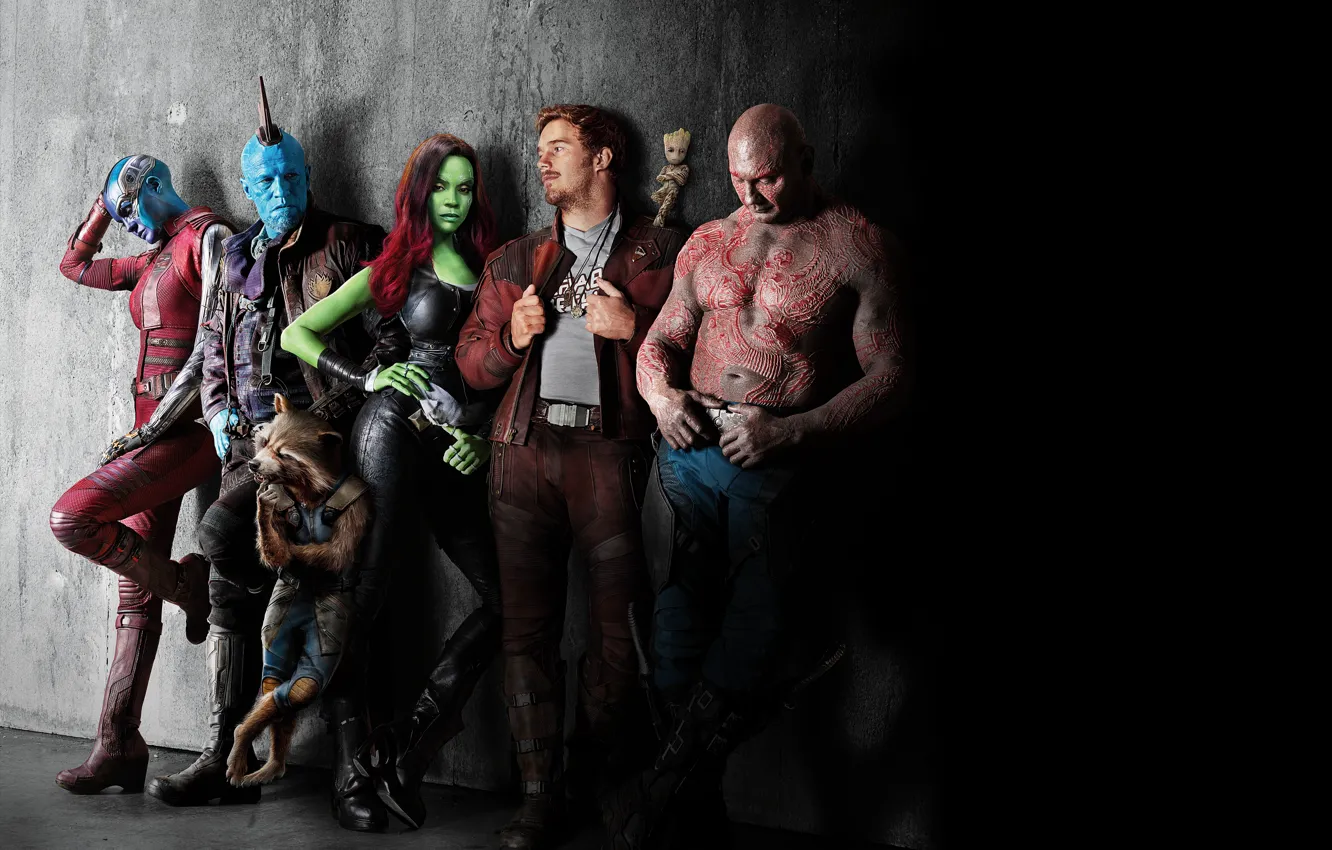 Фото обои Nebula, Zoe Saldana, Rocket Raccoon, Gamora, Groot, Drax, Star Lord, The Destroyer
