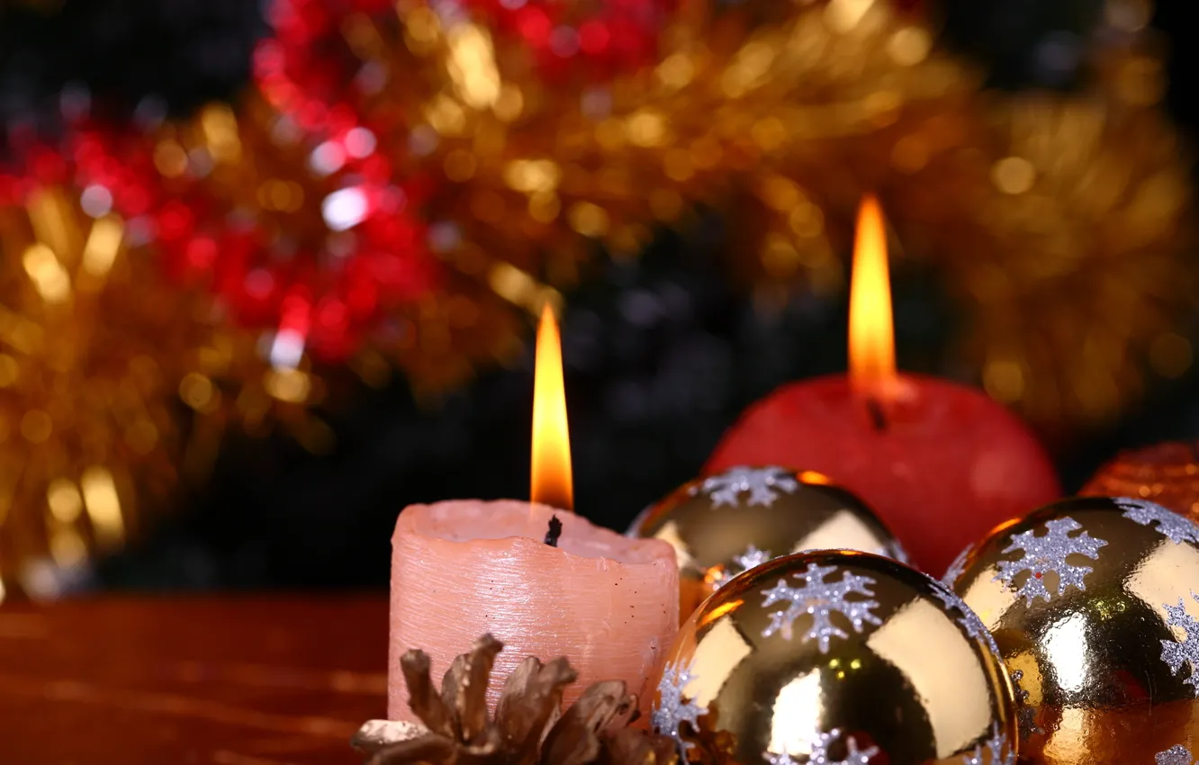 Фото обои шарики, праздник, рождество, Свечи, Новый год