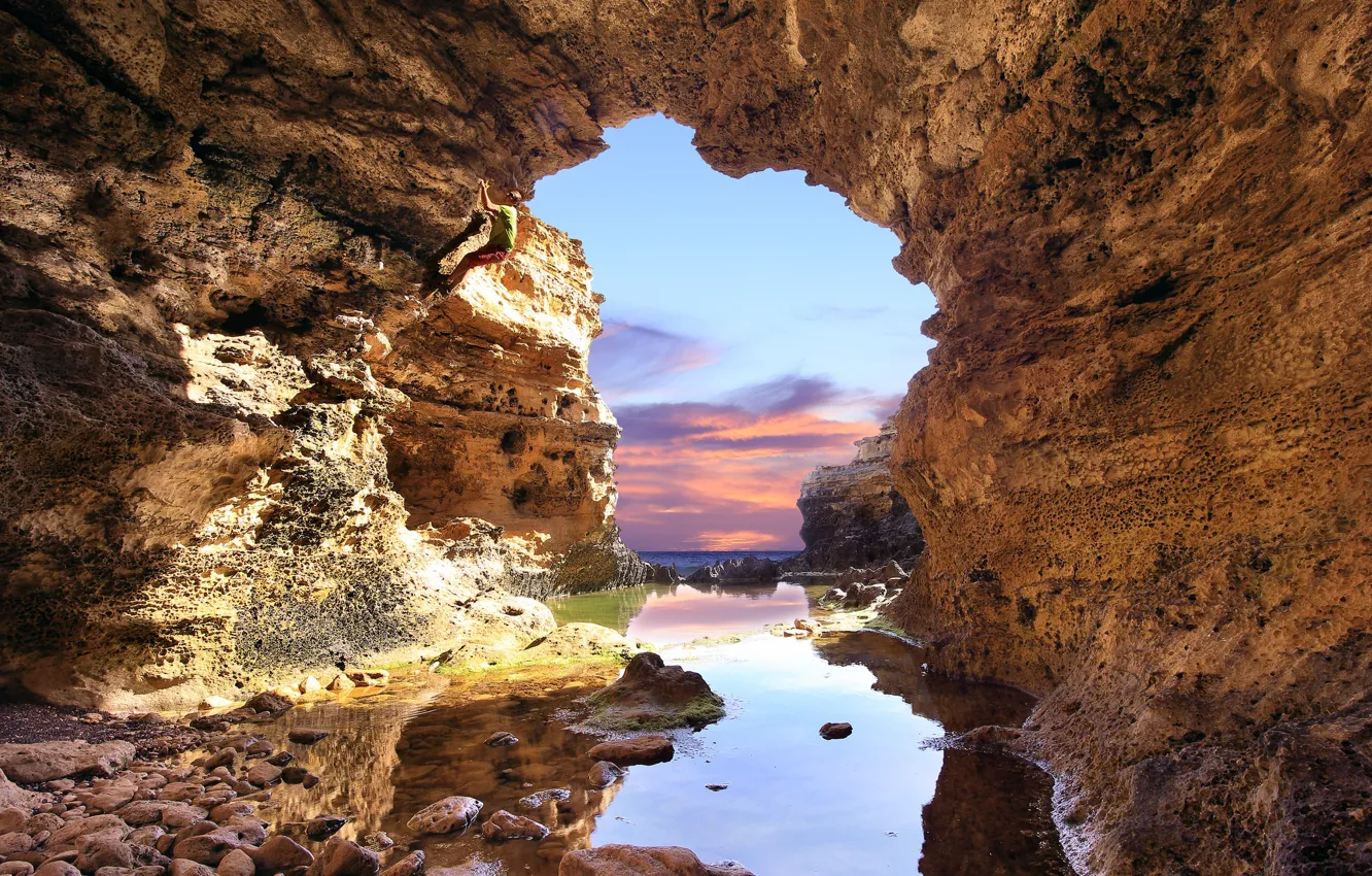 Фото обои море, скалы, отлив, пещера, грот