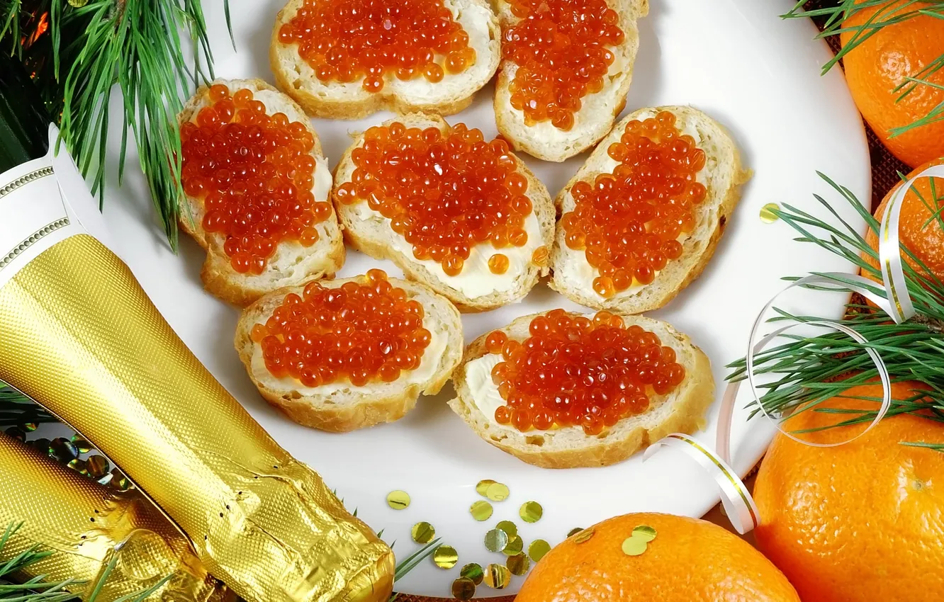 Фото обои апельсины, Новый Год, шампанское, красная, икра, бутерброды