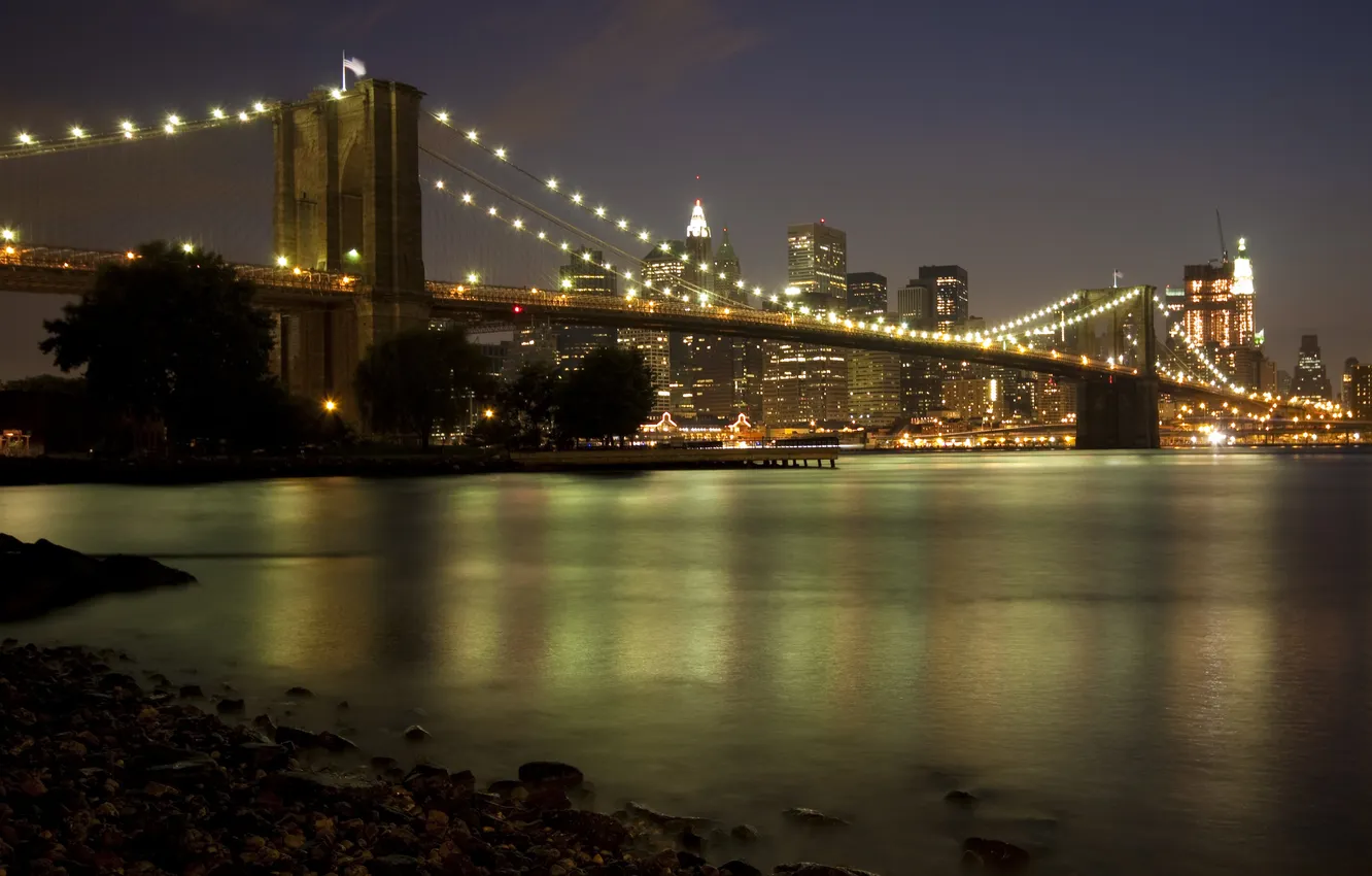 Фото обои мост, город, lights, огни, небоскребы, Бруклин, Нью Йорк, trees