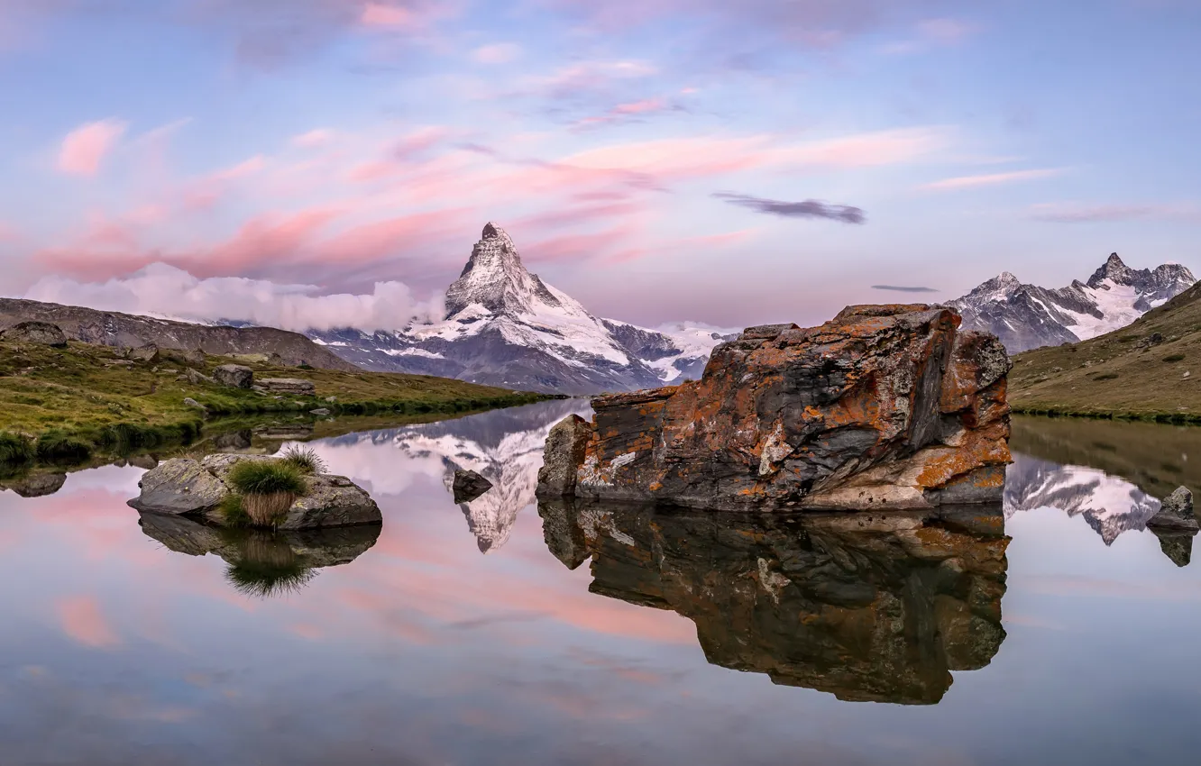 Фото обои озеро, камни, гора, Швейцария, Маттерхорн