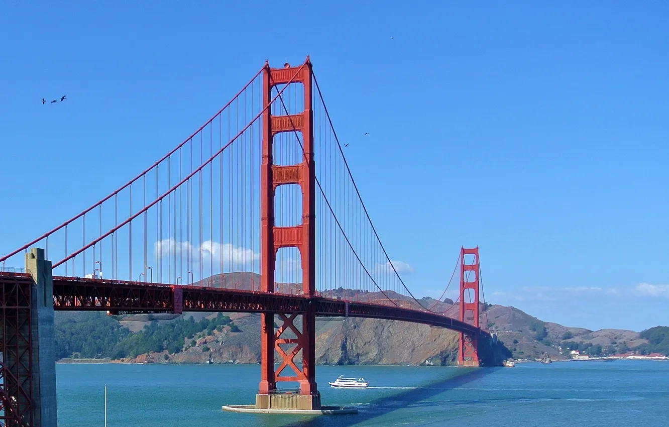 Фото обои небо, мост, корабль, залив, Сан-Франциско, Золотые Ворота