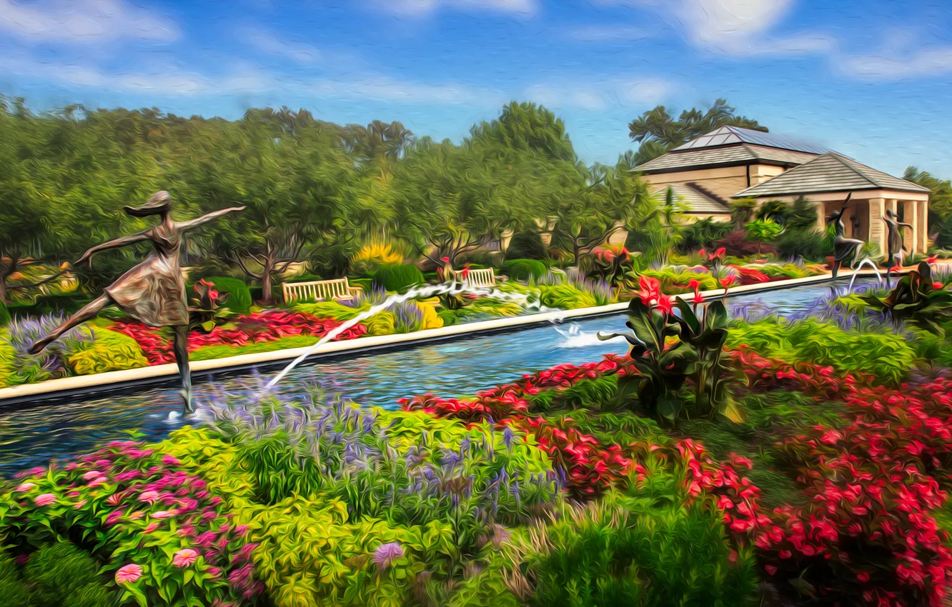 Фото обои цветы, парк, обработка, бассейн, фонтаны, скульптуры