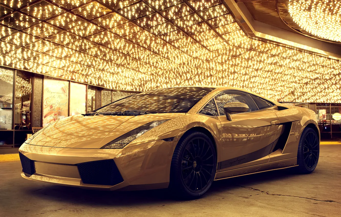 Фото обои желтый, огни, золото, golden, lamborghini, вегас