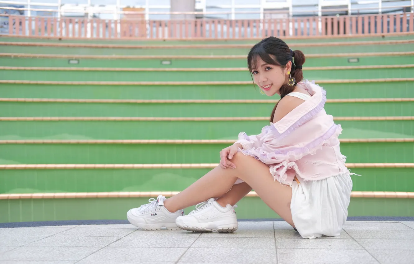 Фото обои girl, asian, looking, sitting, feet, sneakers, young woman, young women