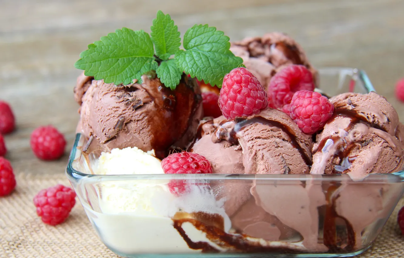 Фото обои ягоды, малина, мороженое, десерт