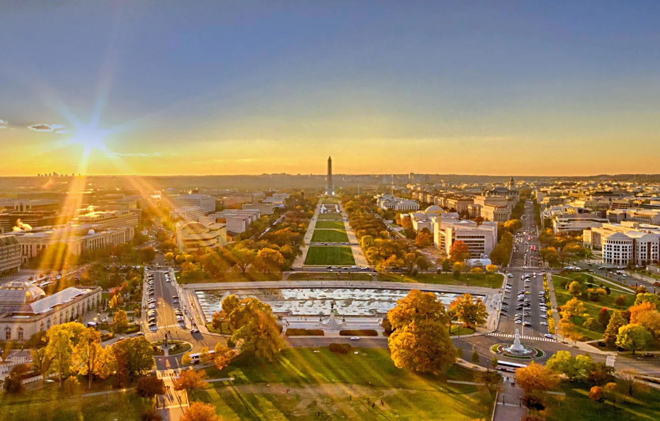 Фото обои солнце, пейзаж, закат, панорама, Вашингтон, США, округ Колумбия, Национальная аллея