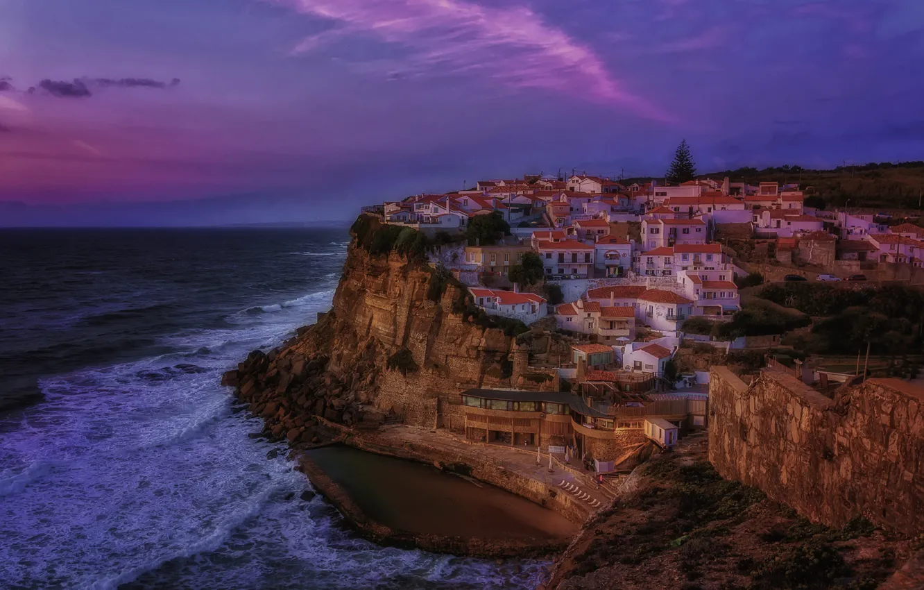 Фото обои море, ночь, скала, дома, Испания