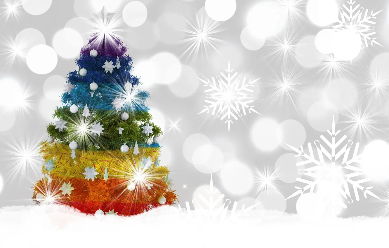 Фото обои зима, украшения, снежинки, елка, Новый год, цветная, боке