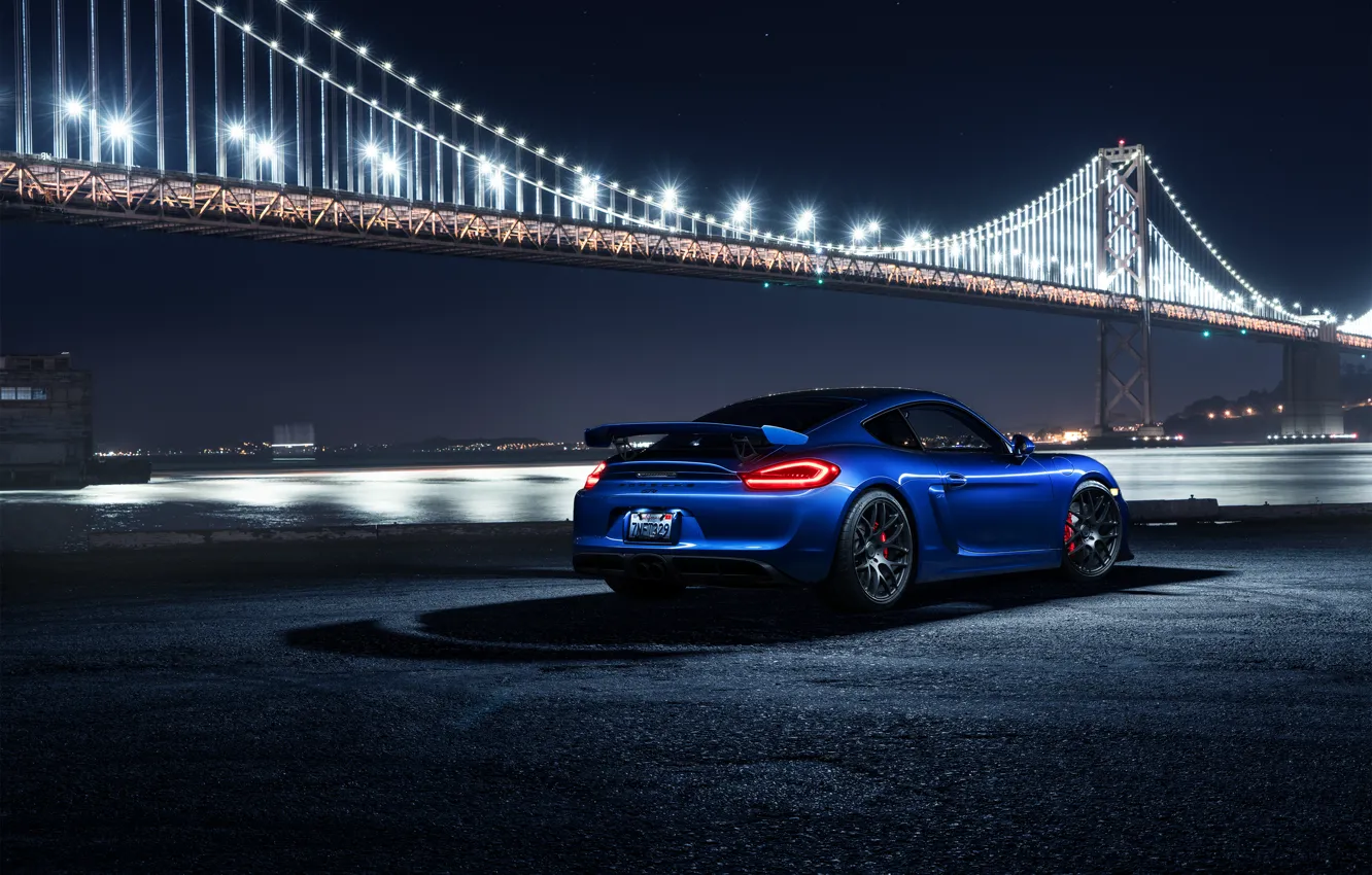 Фото обои Porsche, Cayman, Car, Blue, Bridge, Night, Sport, GT4